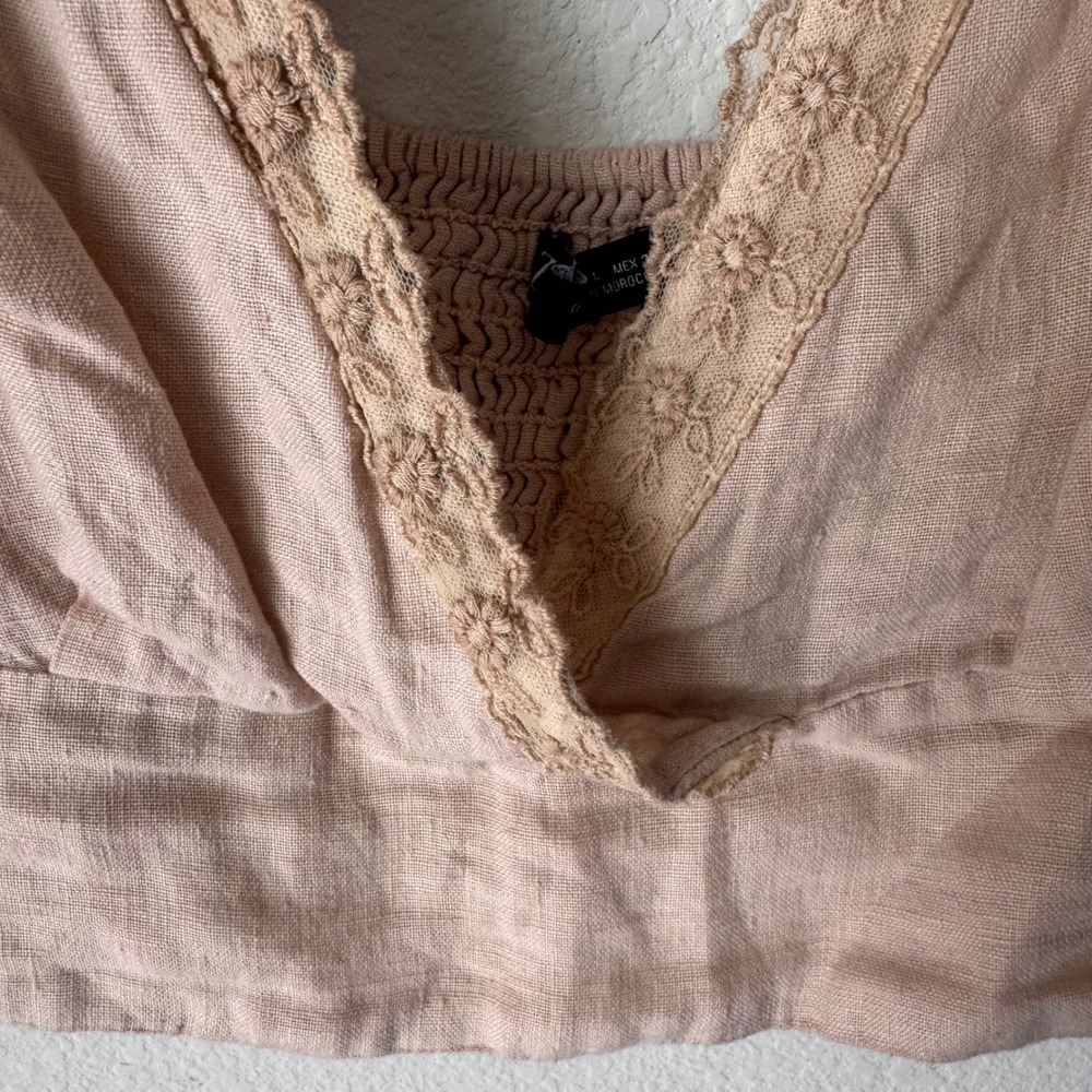 Zara Womens Pink Linen Blend Lace Trim Ruffle Sleeve Smocked Crop Top Large - Picture 3 of 3